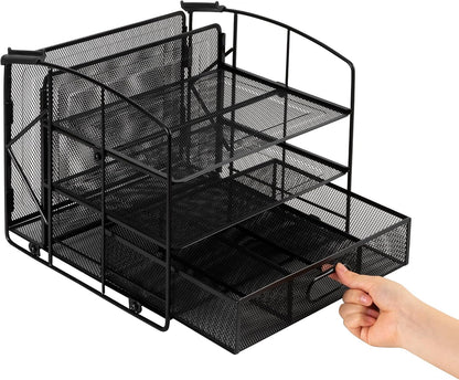 Sturdy Rectangular Desktop Organizer with 3 Trays, Sliding Drawer and Hanging File Holder for Office Supplies, Black