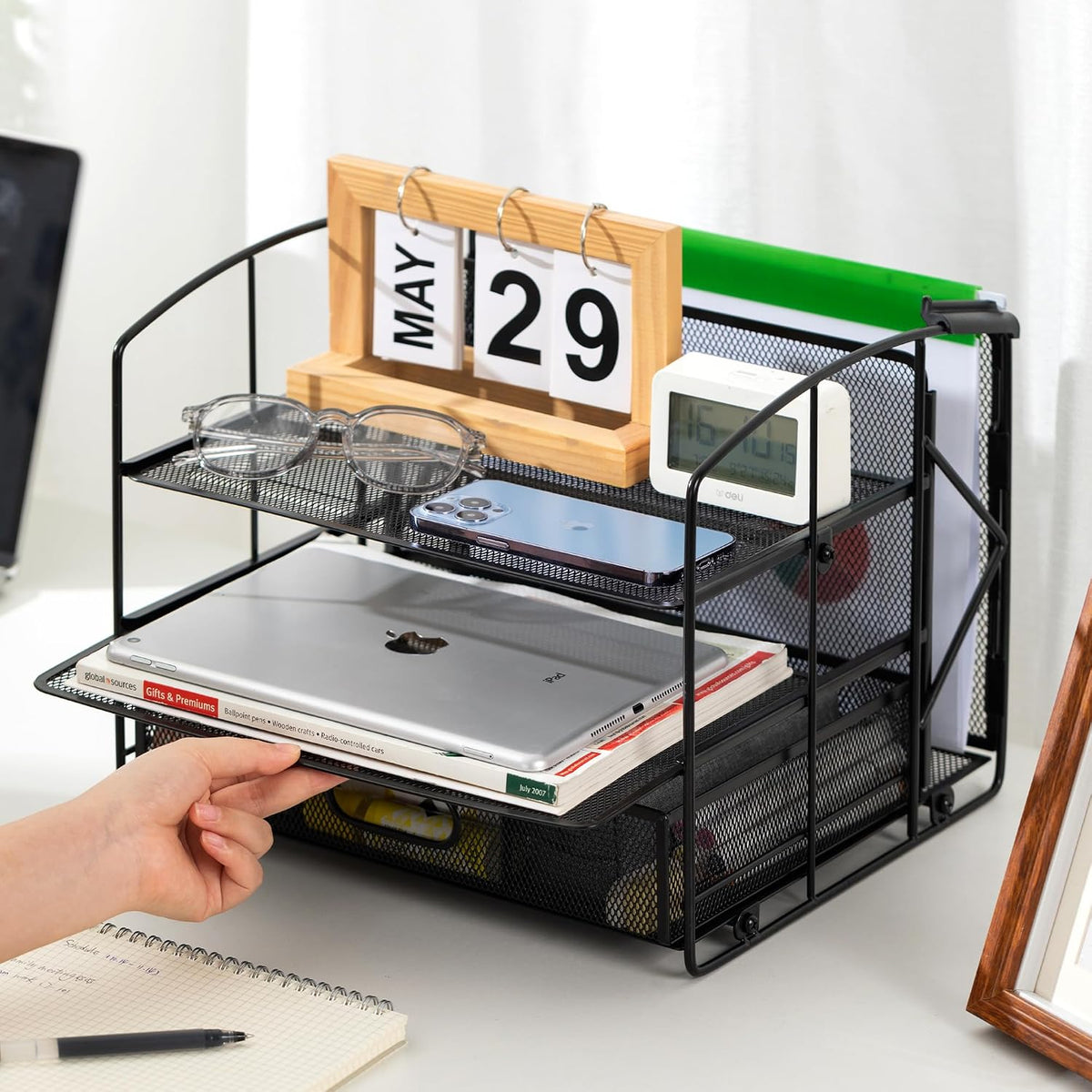 Sturdy Rectangular Desktop Organizer with 3 Trays, Sliding Drawer and Hanging File Holder for Office Supplies, Black