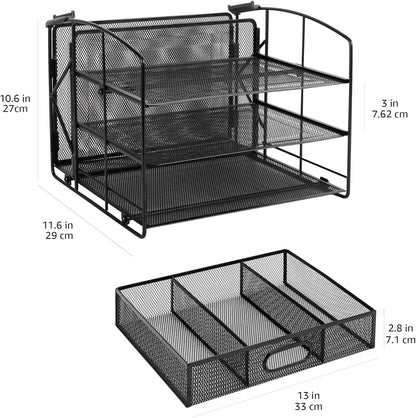 Sturdy Rectangular Desktop Organizer with 3 Trays, Sliding Drawer and Hanging File Holder for Office Supplies, Black