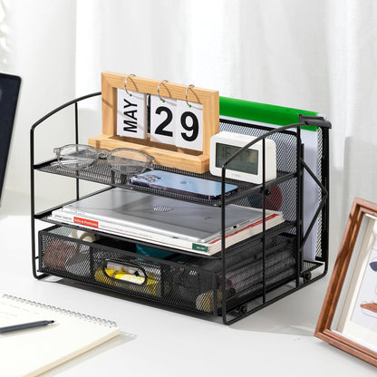 Sturdy Rectangular Desktop Organizer with 3 Trays, Sliding Drawer and Hanging File Holder for Office Supplies, Black