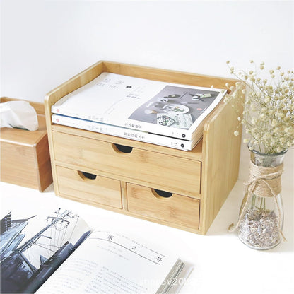 3 Drawer Bamboo Desk Organizer with Shelf – Makeup Storage & Tabletop Organizer for Home Office, Workspace, or Bathroom – No Assembly Required