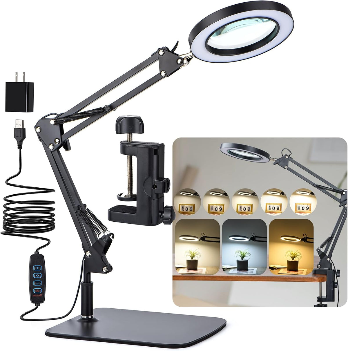 LED Magnifying Desk Lamp with Stand and Clamp for Repair, Crafts, Reading