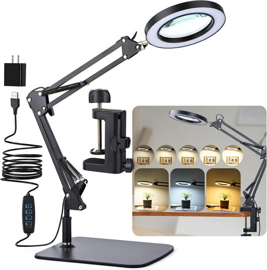 LED Magnifying Desk Lamp with Stand and Clamp for Repair, Crafts, Reading