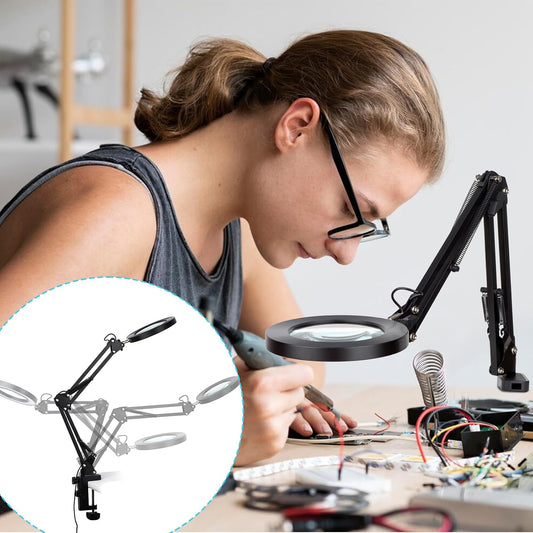 LED Magnifying Desk Lamp with Stand and Clamp for Repair, Crafts, Reading