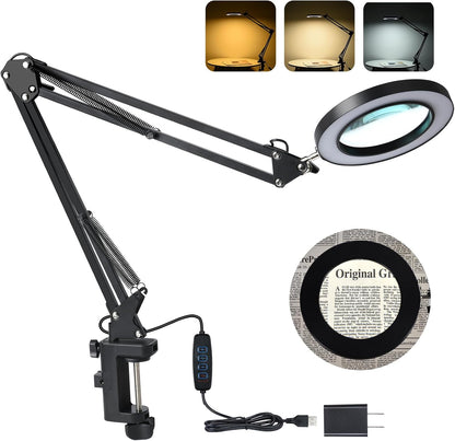 LED Magnifying Desk Lamp with Stand and Clamp for Repair, Crafts, Reading