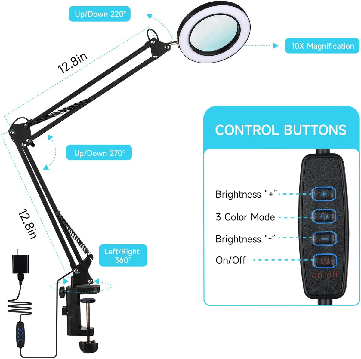LED Magnifying Desk Lamp with Stand and Clamp for Repair, Crafts, Reading