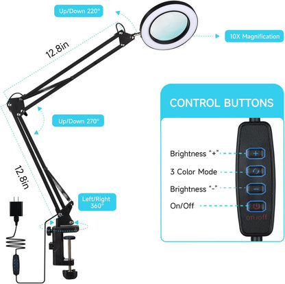 LED Magnifying Desk Lamp with Stand and Clamp for Repair, Crafts, Reading