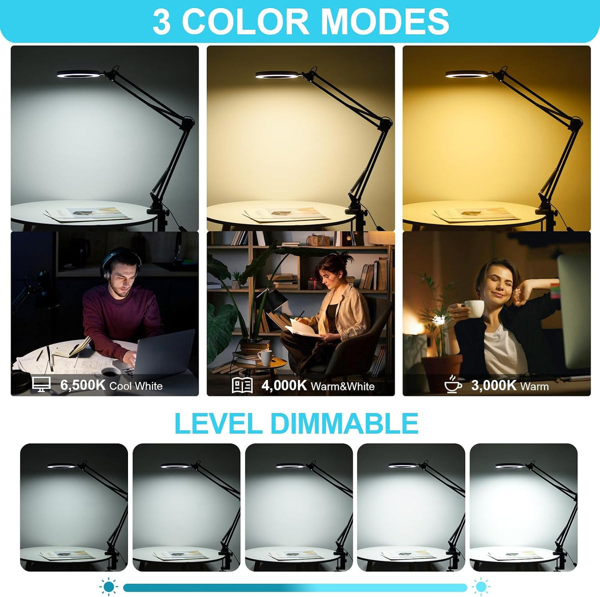 LED Magnifying Desk Lamp with Stand and Clamp for Repair, Crafts, Reading