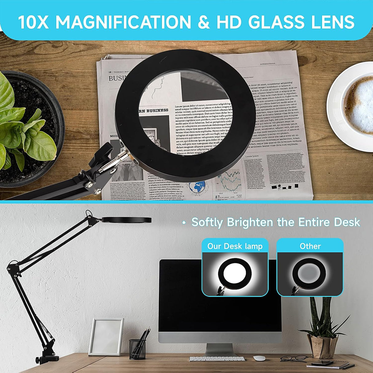 LED Magnifying Desk Lamp with Stand and Clamp for Repair, Crafts, Reading