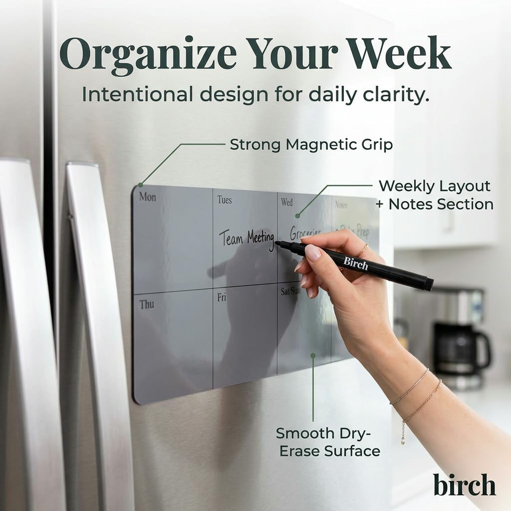 Birch Magnetic Flexible Whiteboard – Reusable Dry Erase Planner, Peel & Stick Magnetic Board for Fridge, Office & Home (Charcoal)