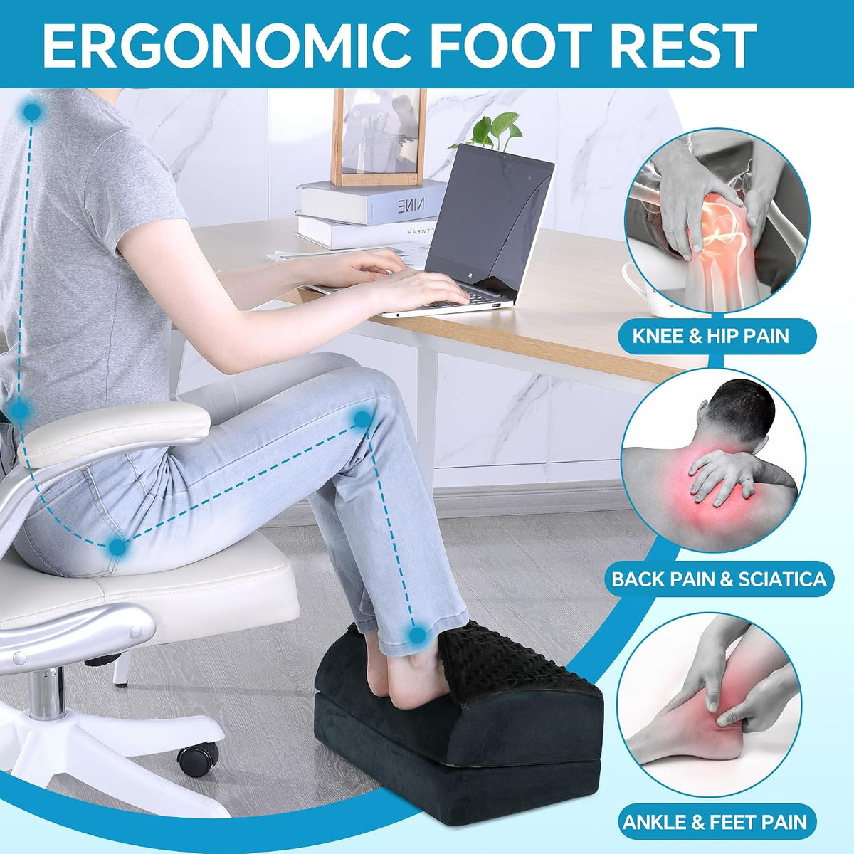 Adjustable Foot Rest for Under Desk at Work with Feet Warm Pocket, Ergonomic Foot Stools for Under Office Desk, Leg Rest for Desk with Machine Washable Cover
