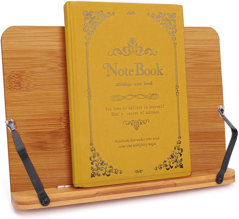 wishacc Bamboo Book Stand, Adjustable Book Holder Tray and Page Paper Clips-Cookbook Reading Desk Portable Stable Hard-Wearing Lightweight Bookstand-Textbooks Books