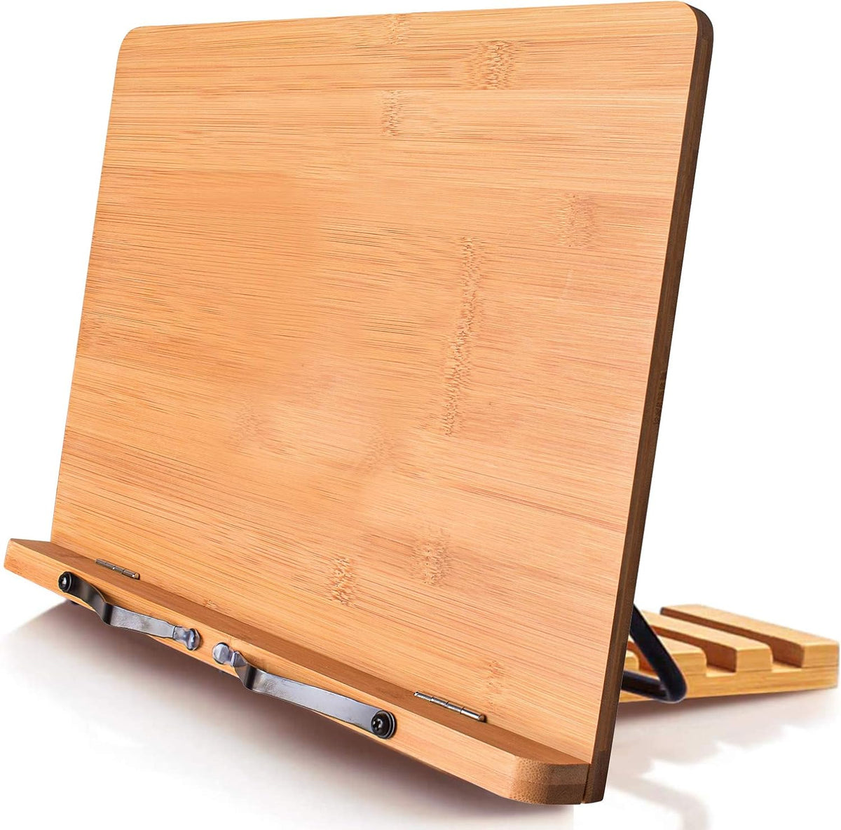 wishacc Bamboo Book Stand, Adjustable Book Holder Tray and Page Paper Clips-Cookbook Reading Desk Portable Stable Hard-Wearing Lightweight Bookstand-Textbooks Books