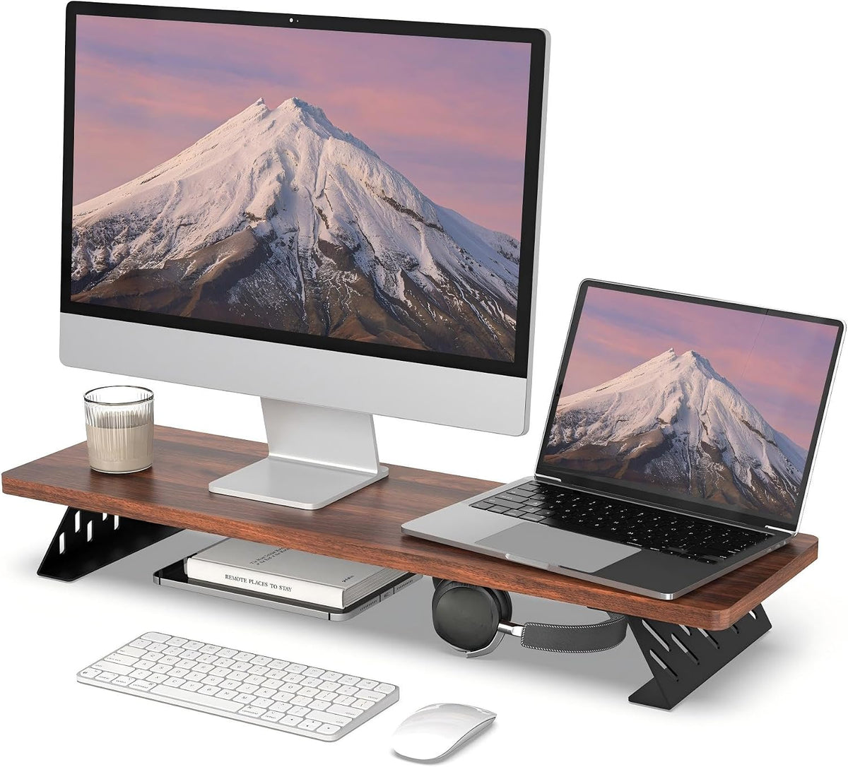 Monitor Stand Riser, Wooden & Metal Desk Shelf Organizer, Brown