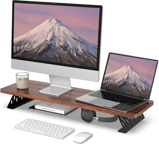 Monitor Stand Riser, Wooden & Metal Desk Shelf Organizer, Brown