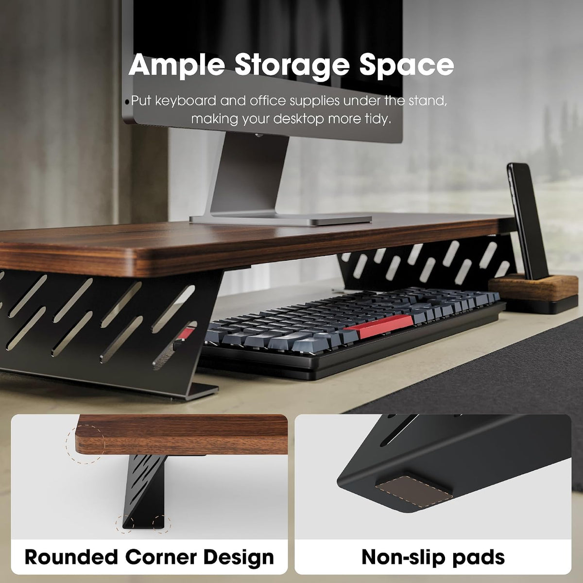 Monitor Stand Riser, Wooden & Metal Desk Shelf Organizer, Brown