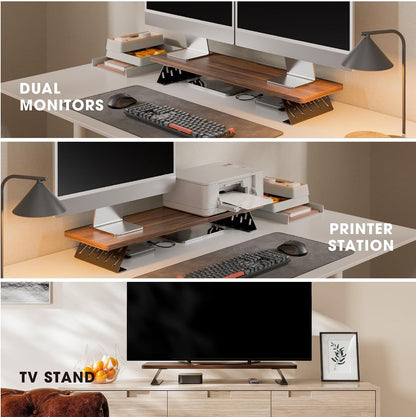 Monitor Stand Riser, Wooden & Metal Desk Shelf Organizer, Brown