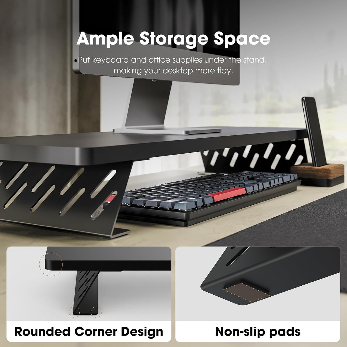 Monitor Stand Riser, Wooden & Metal Desk Shelf Organizer, Brown