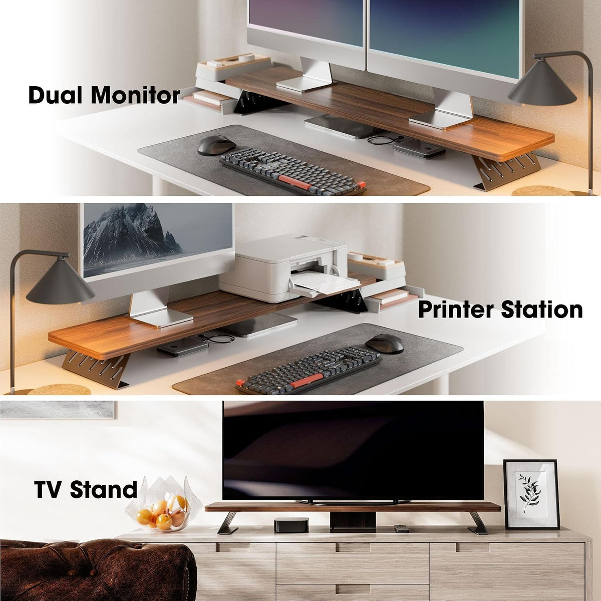 Monitor Stand Riser, Wooden & Metal Desk Shelf Organizer, Brown