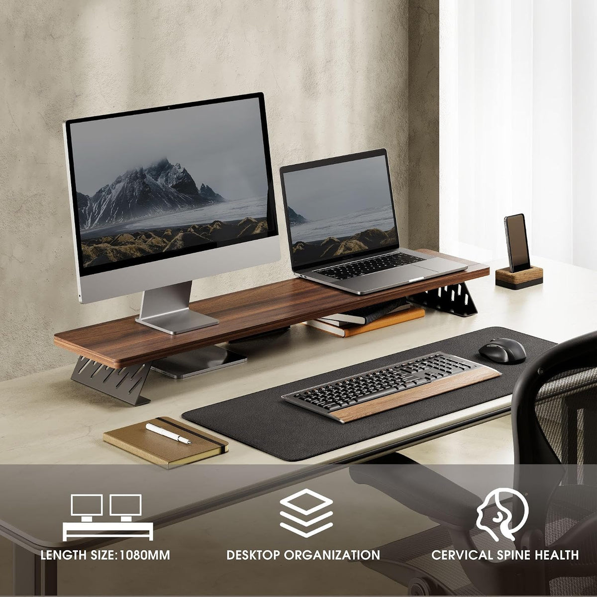 Monitor Stand Riser, Wooden & Metal Desk Shelf Organizer, Brown