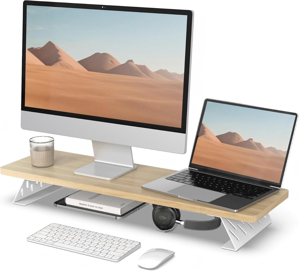 Monitor Stand Riser, Wooden & Metal Desk Shelf Organizer, Brown