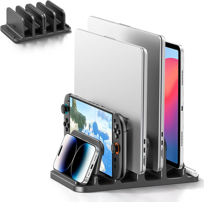 4-Slot Vertical Laptop Stand with Gravity Locking, 6-in-1 Laptop Holder Desktop Stand, Space-Saving Organizer Fits MacBook/Surface/HP/Dell/Book/Tablet/Switch/Cell Phone and Keyboard