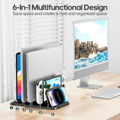 4-Slot Vertical Laptop Stand with Gravity Locking, 6-in-1 Laptop Holder Desktop Stand, Space-Saving Organizer Fits MacBook/Surface/HP/Dell/Book/Tablet/Switch/Cell Phone and Keyboard