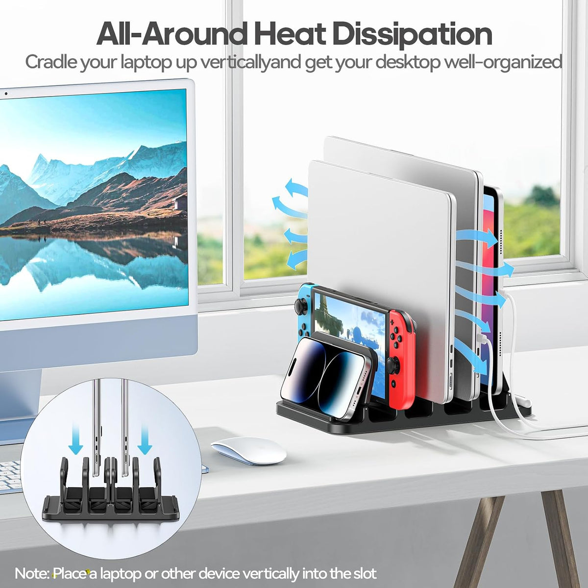 4-Slot Vertical Laptop Stand with Gravity Locking, 6-in-1 Laptop Holder Desktop Stand, Space-Saving Organizer Fits MacBook/Surface/HP/Dell/Book/Tablet/Switch/Cell Phone and Keyboard