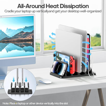 4-Slot Vertical Laptop Stand with Gravity Locking, 6-in-1 Laptop Holder Desktop Stand, Space-Saving Organizer Fits MacBook/Surface/HP/Dell/Book/Tablet/Switch/Cell Phone and Keyboard