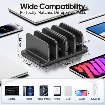 4-Slot Vertical Laptop Stand with Gravity Locking, 6-in-1 Laptop Holder Desktop Stand, Space-Saving Organizer Fits MacBook/Surface/HP/Dell/Book/Tablet/Switch/Cell Phone and Keyboard