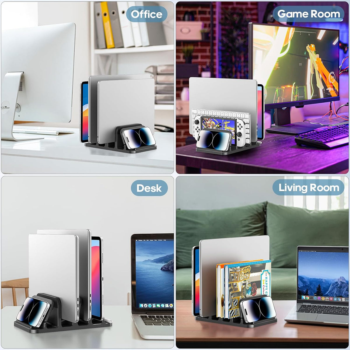 4-Slot Vertical Laptop Stand with Gravity Locking, 6-in-1 Laptop Holder Desktop Stand, Space-Saving Organizer Fits MacBook/Surface/HP/Dell/Book/Tablet/Switch/Cell Phone and Keyboard
