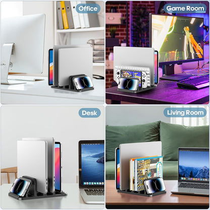 4-Slot Vertical Laptop Stand with Gravity Locking, 6-in-1 Laptop Holder Desktop Stand, Space-Saving Organizer Fits MacBook/Surface/HP/Dell/Book/Tablet/Switch/Cell Phone and Keyboard