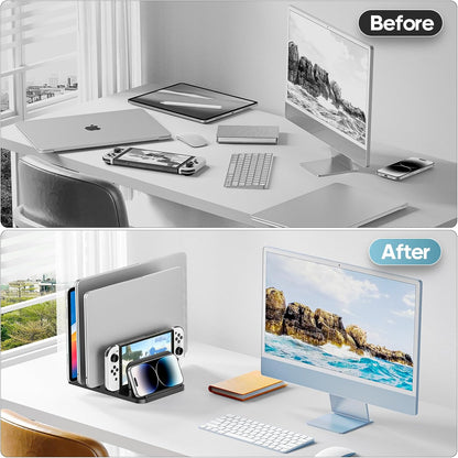 4-Slot Vertical Laptop Stand with Gravity Locking, 6-in-1 Laptop Holder Desktop Stand, Space-Saving Organizer Fits MacBook/Surface/HP/Dell/Book/Tablet/Switch/Cell Phone and Keyboard