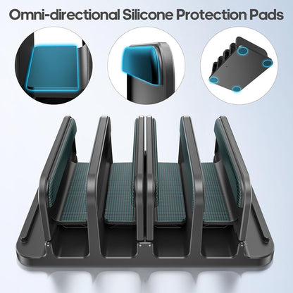 4-Slot Vertical Laptop Stand with Gravity Locking, 6-in-1 Laptop Holder Desktop Stand, Space-Saving Organizer Fits MacBook/Surface/HP/Dell/Book/Tablet/Switch/Cell Phone and Keyboard
