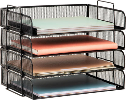 Stackable Paper Tray, Desktop Organizer, File Storage, Office, Metal Mesh, 4 Pcs., Black