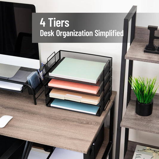 Stackable Paper Tray, Desktop Organizer, File Storage, Office, Metal Mesh, 4 Pcs., Black