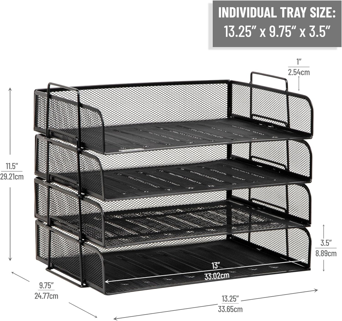 Stackable Paper Tray, Desktop Organizer, File Storage, Office, Metal Mesh, 4 Pcs., Black