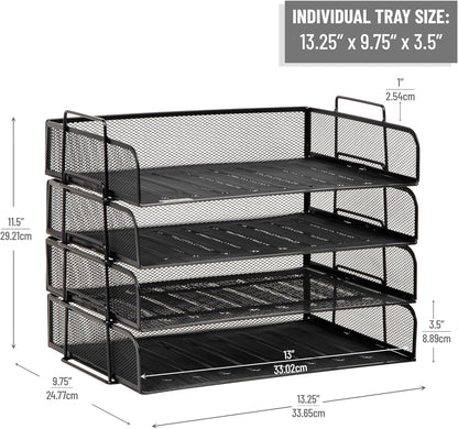 Stackable Paper Tray, Desktop Organizer, File Storage, Office, Metal Mesh, 4 Pcs., Black