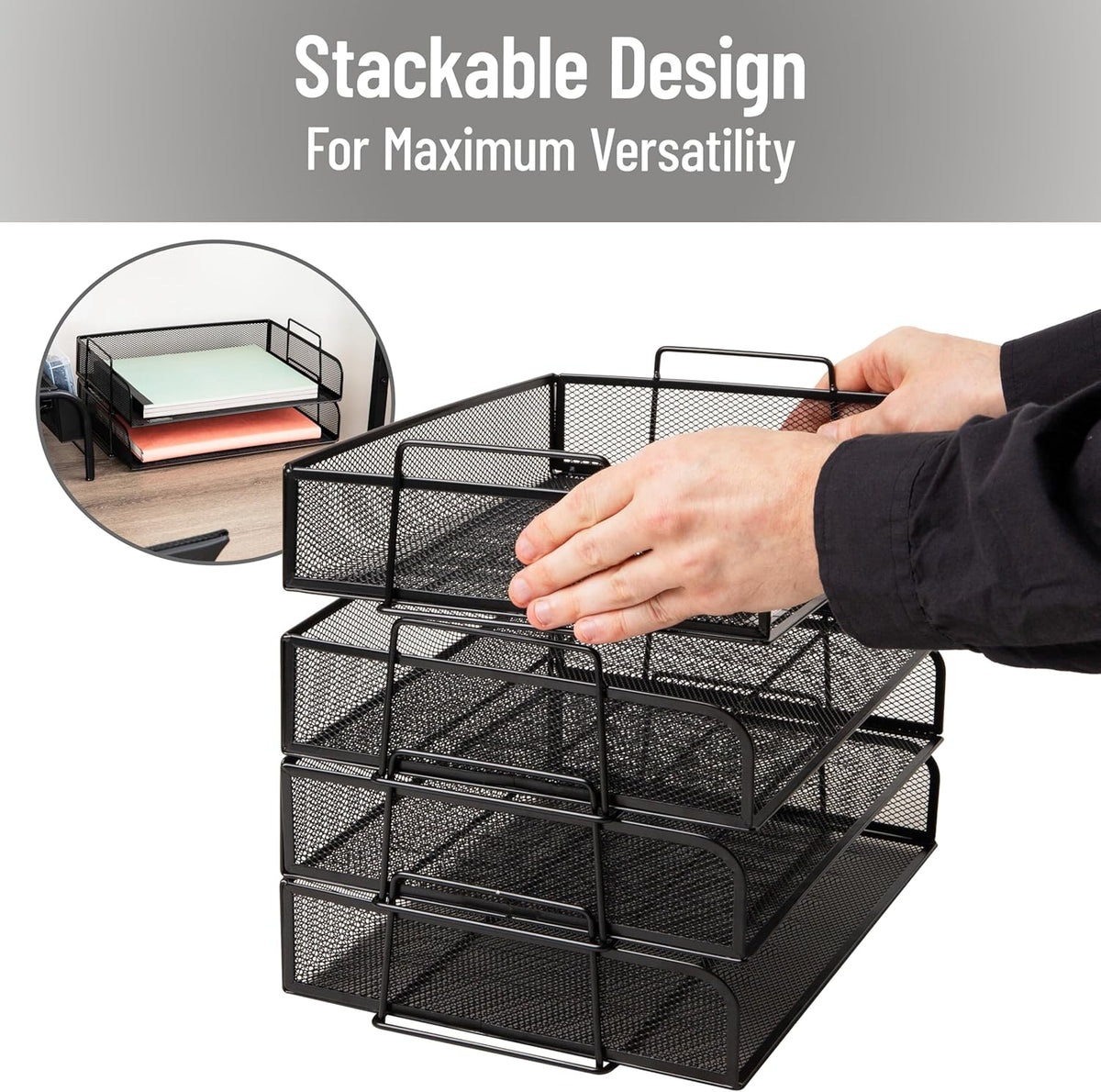 Stackable Paper Tray, Desktop Organizer, File Storage, Office, Metal Mesh, 4 Pcs., Black