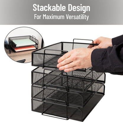 Stackable Paper Tray, Desktop Organizer, File Storage, Office, Metal Mesh, 4 Pcs., Black
