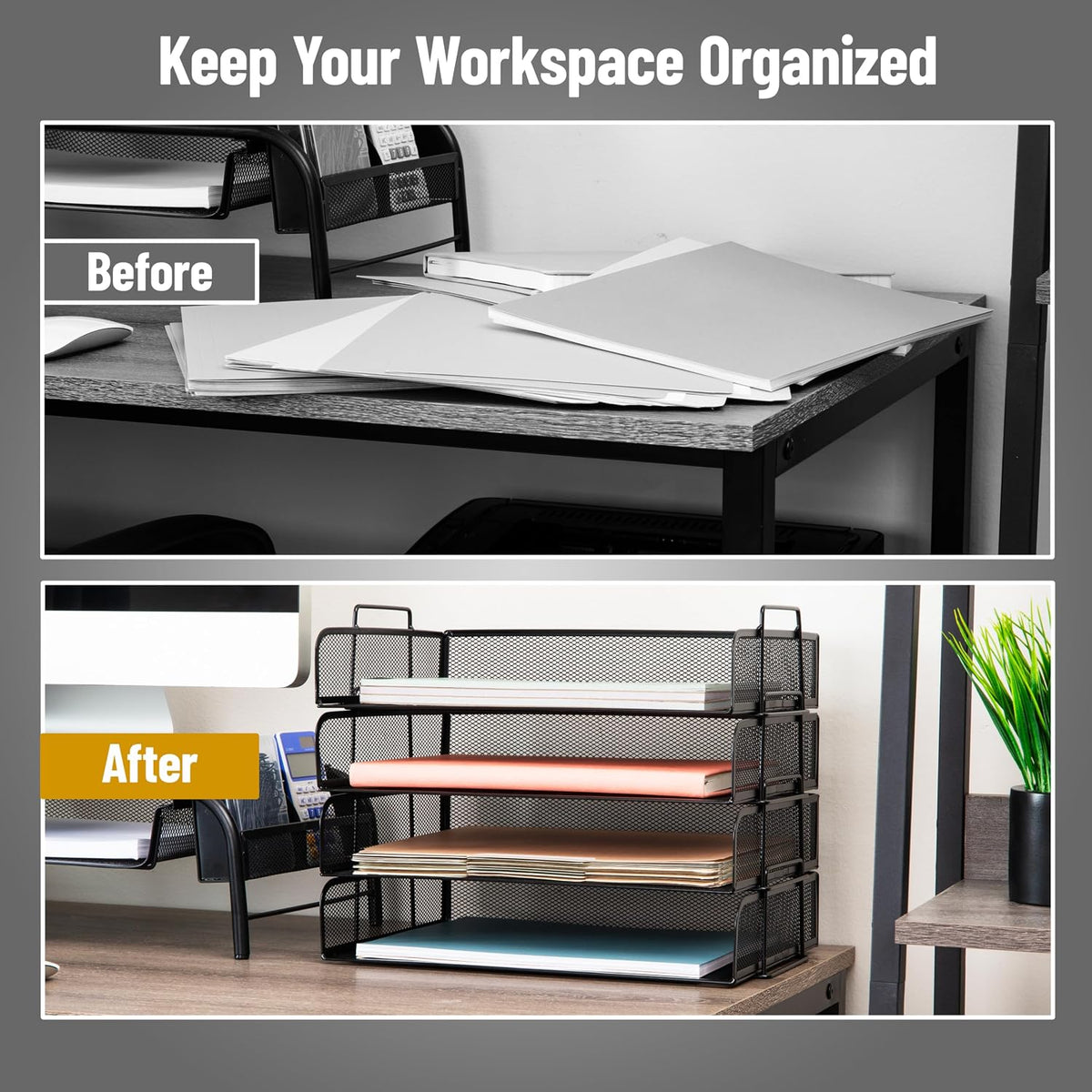 Stackable Paper Tray, Desktop Organizer, File Storage, Office, Metal Mesh, 4 Pcs., Black