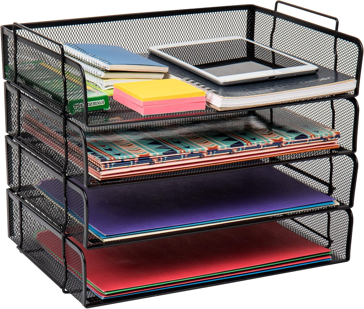 Stackable Paper Tray, Desktop Organizer, File Storage, Office, Metal Mesh, 4 Pcs., Black