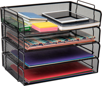 Stackable Paper Tray, Desktop Organizer, File Storage, Office, Metal Mesh, 4 Pcs., Black