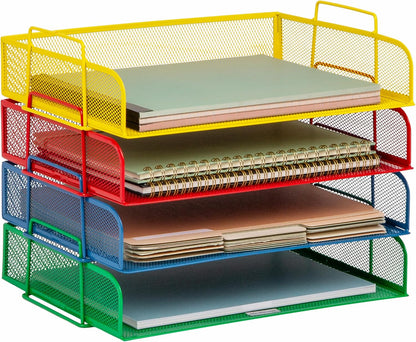 Stackable Paper Tray, Desktop Organizer, File Storage, Office, Metal Mesh, 4 Pcs., Black
