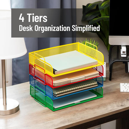 Stackable Paper Tray, Desktop Organizer, File Storage, Office, Metal Mesh, 4 Pcs., Black
