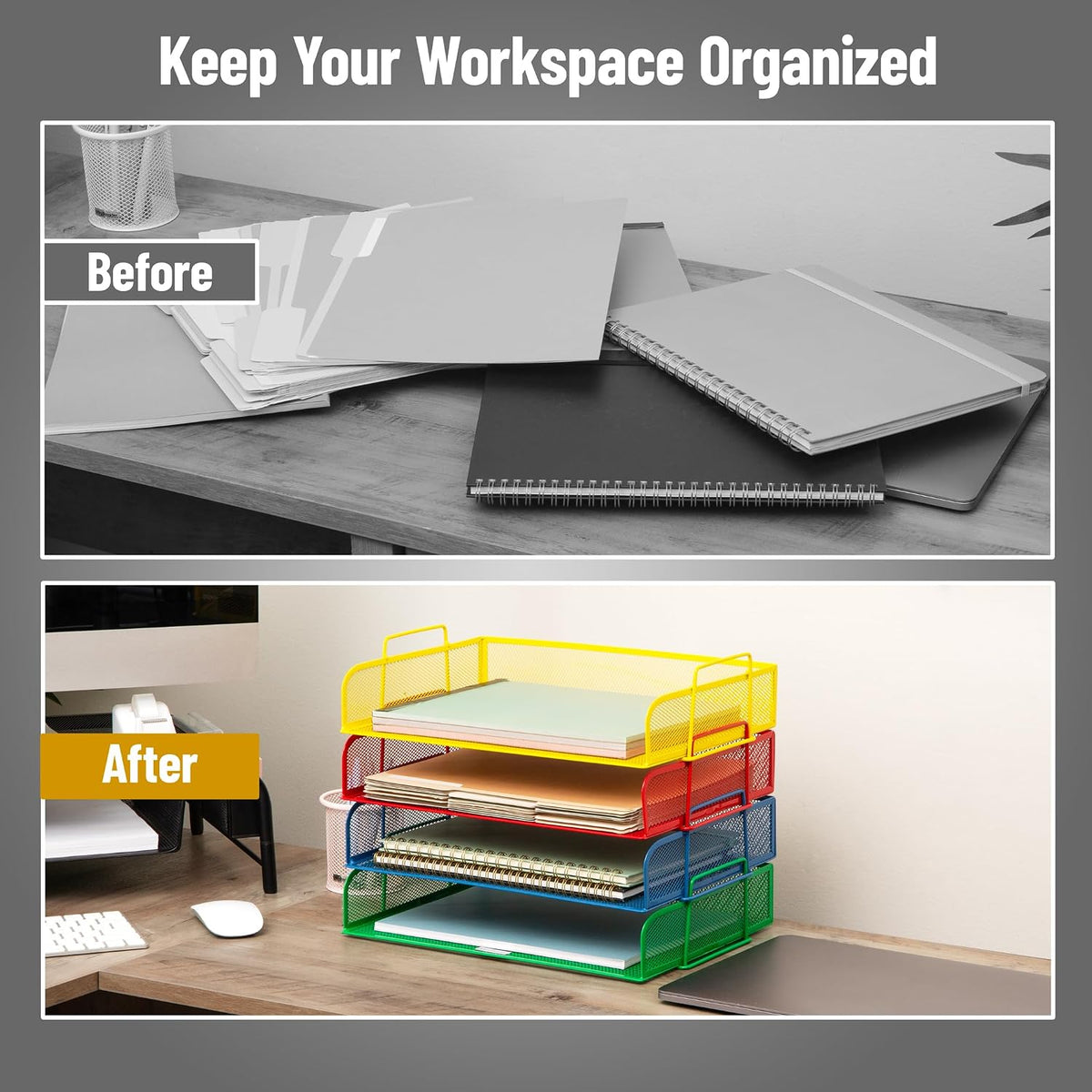 Stackable Paper Tray, Desktop Organizer, File Storage, Office, Metal Mesh, 4 Pcs., Black