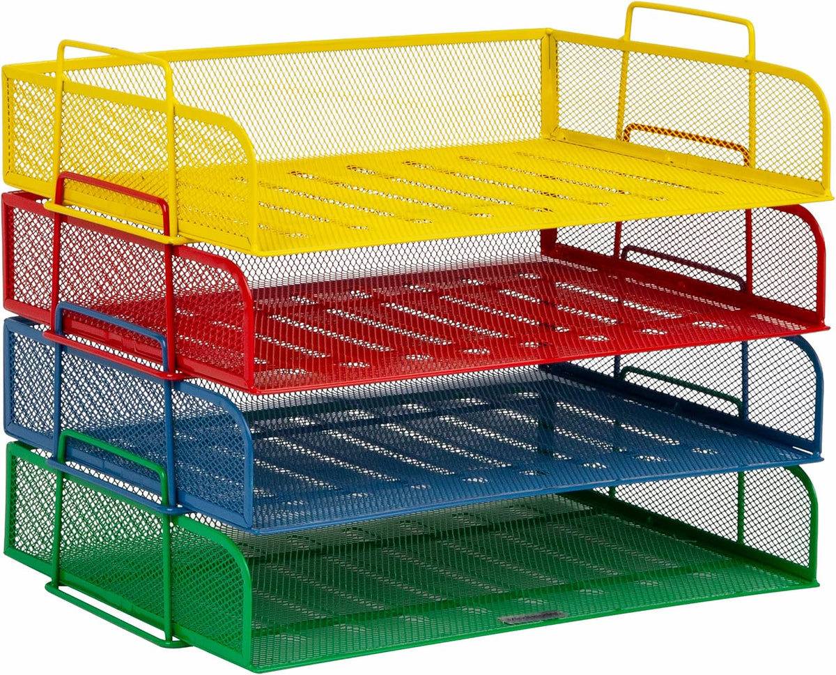 Stackable Paper Tray, Desktop Organizer, File Storage, Office, Metal Mesh, 4 Pcs., Black