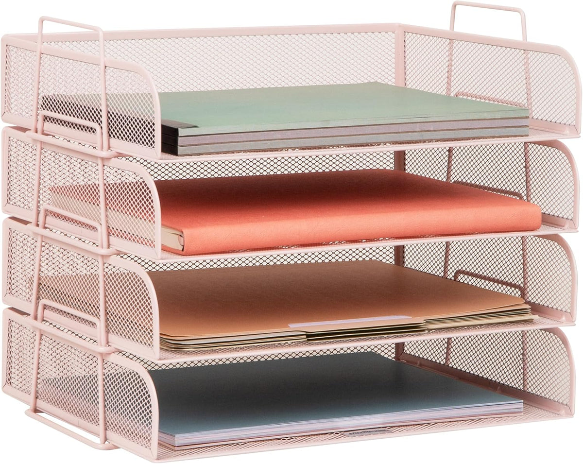 Stackable Paper Tray, Desktop Organizer, File Storage, Office, Metal Mesh, 4 Pcs., Black