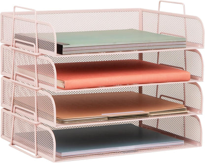 Stackable Paper Tray, Desktop Organizer, File Storage, Office, Metal Mesh, 4 Pcs., Black