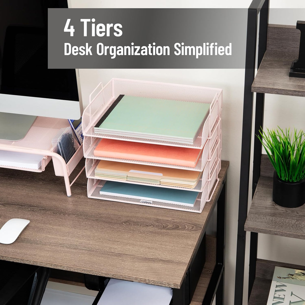 Stackable Paper Tray, Desktop Organizer, File Storage, Office, Metal Mesh, 4 Pcs., Black